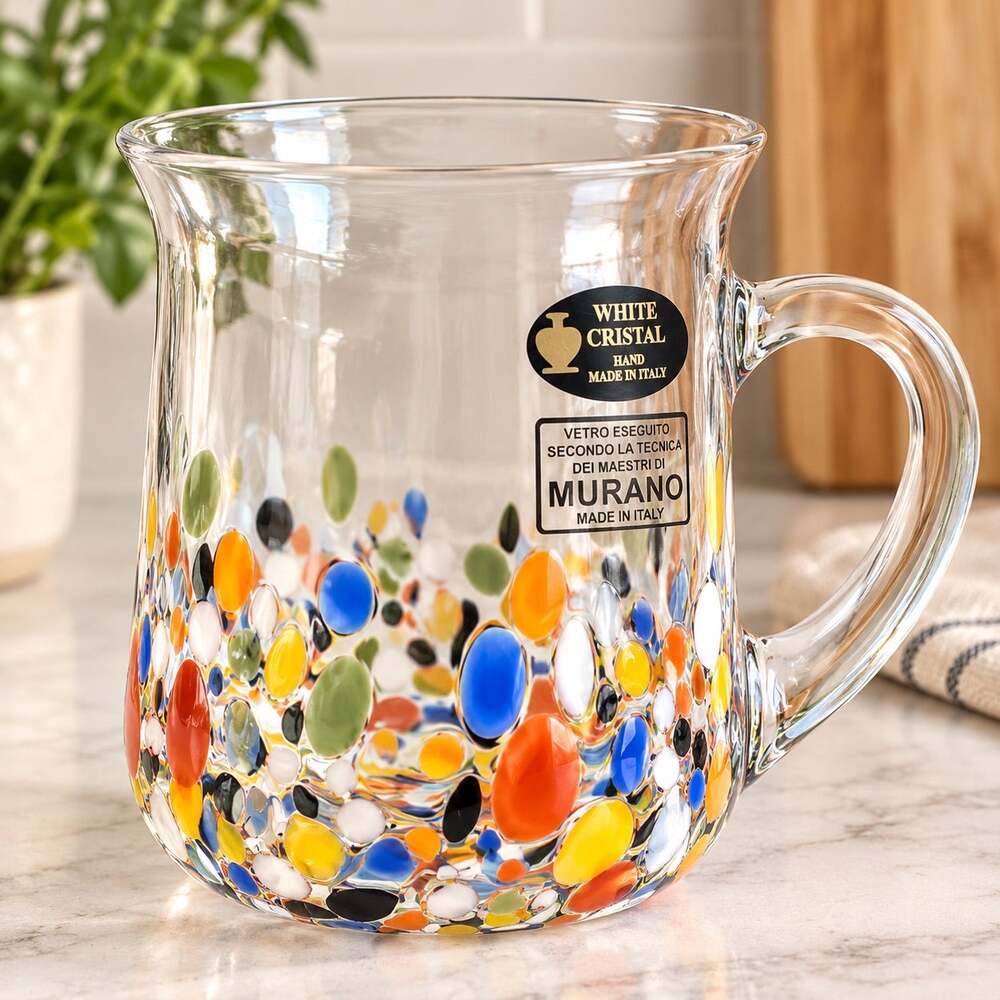 White Cristal Murano Style Art Glass Mug 16 Oz Italy Confetti Handmade NWT